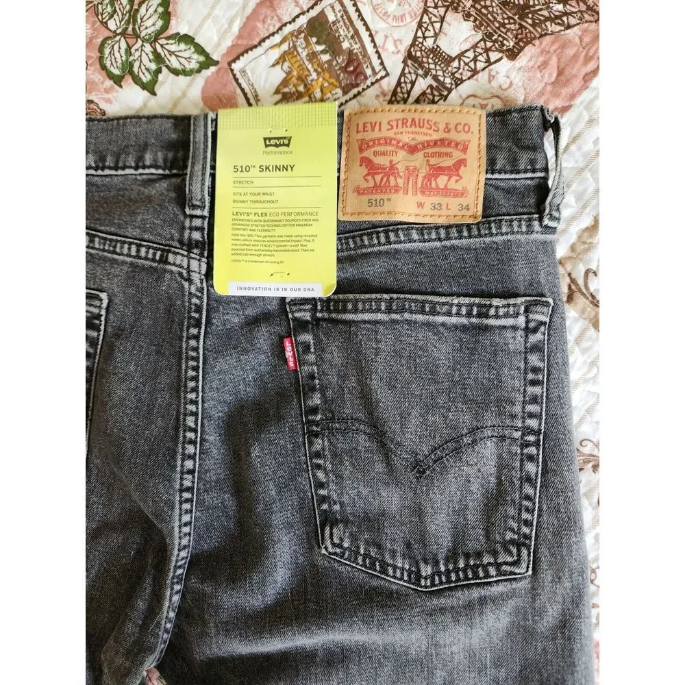 Levi's 510 Skinny Jeans Pants Mens Denim Stretch Black‎ Wash original Size 33×34